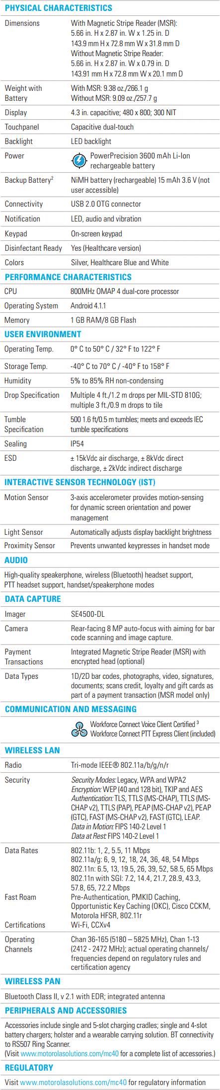 MC40 Specifications