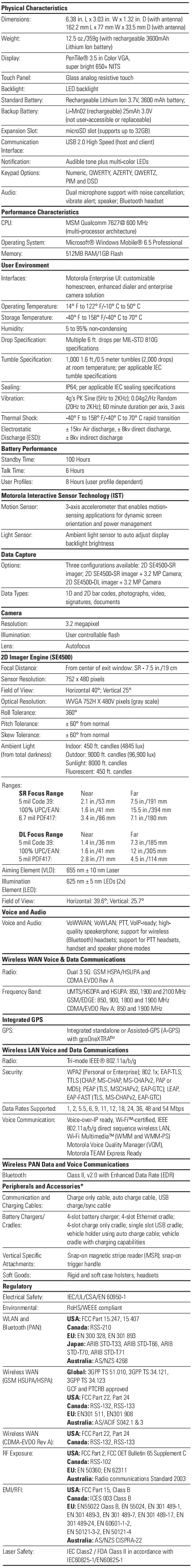 MC65 Specifications