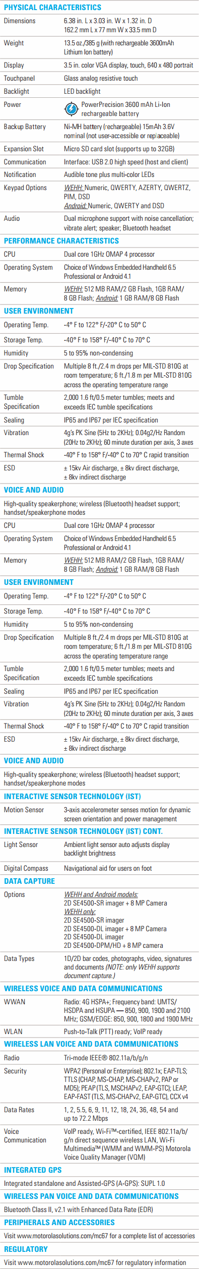 MC67 Specifications