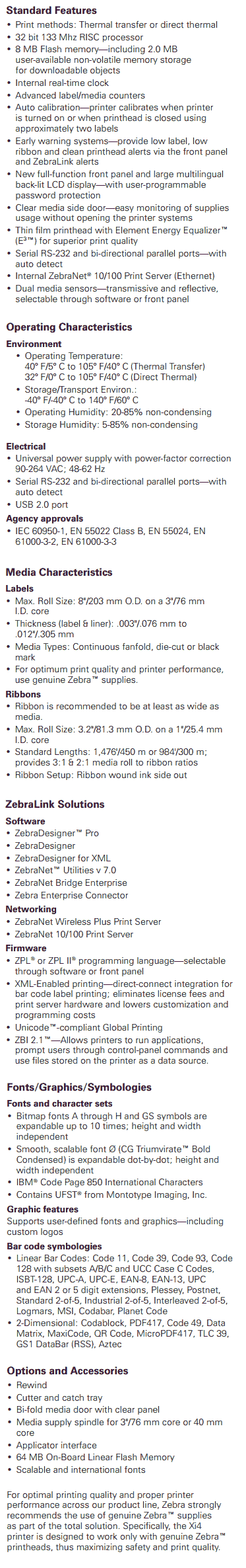 Zebra 110Xi4 Printer Features & Specifications