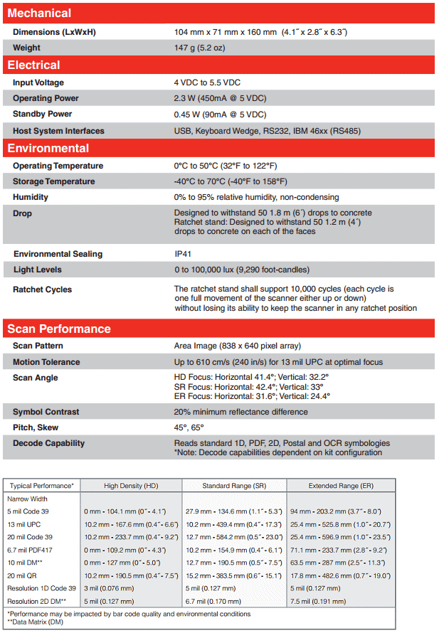 Xenon 1900 Specifications