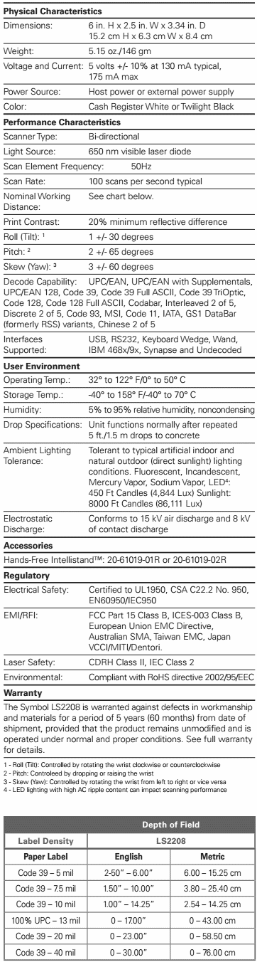 LS2208 Specifications