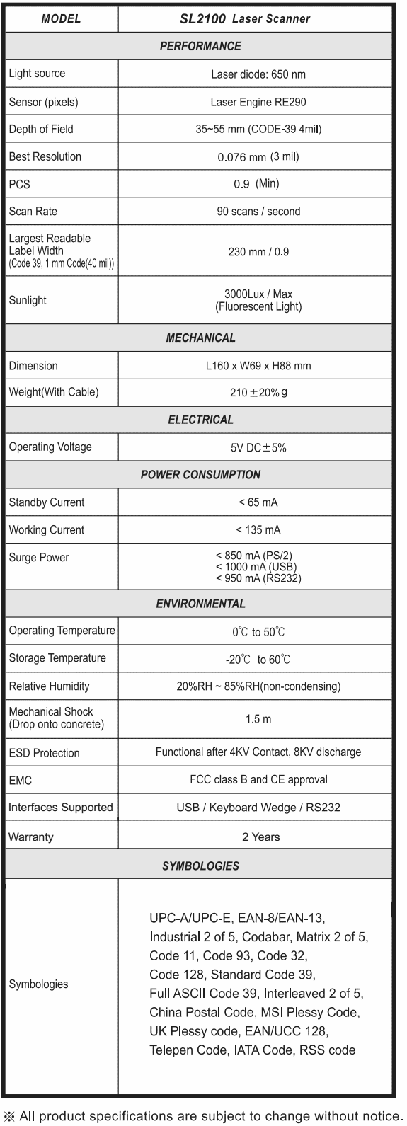 SOMATE SL2100 Specifications